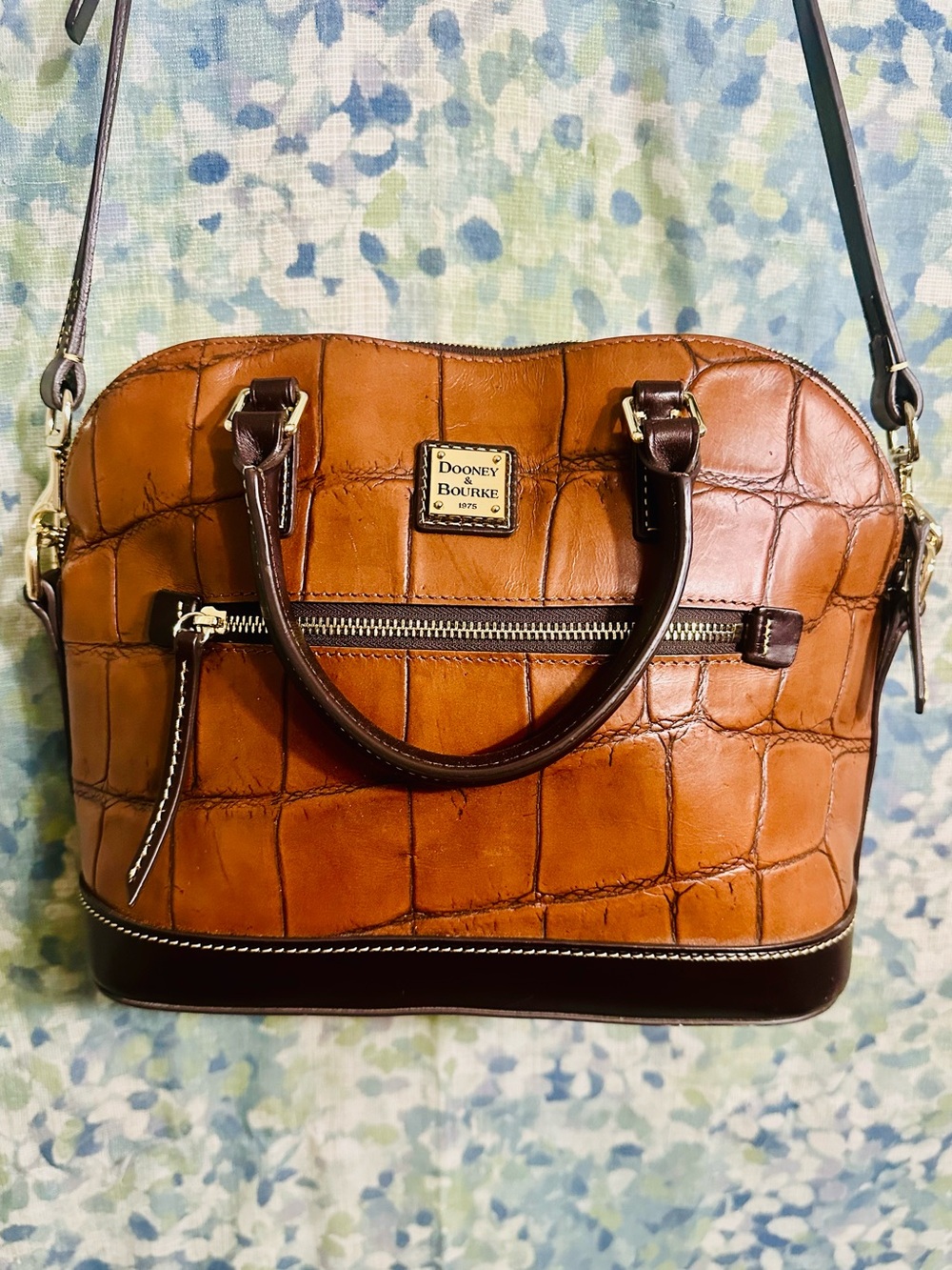 Dooney & Bourke Denison Mocha Croc Embossed Leather Satchel Bag